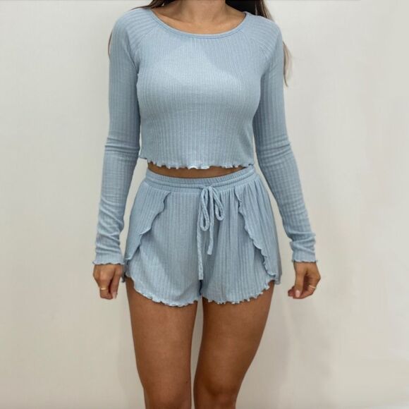 NWT Anthropologie Light Blue Ruffle PJ Lounge Shorts - Picture 1 of 6